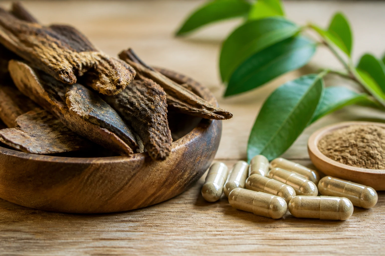 Écorces séchées et gélules de complément alimentaire posées sur une table en bois, éclairage naturel
