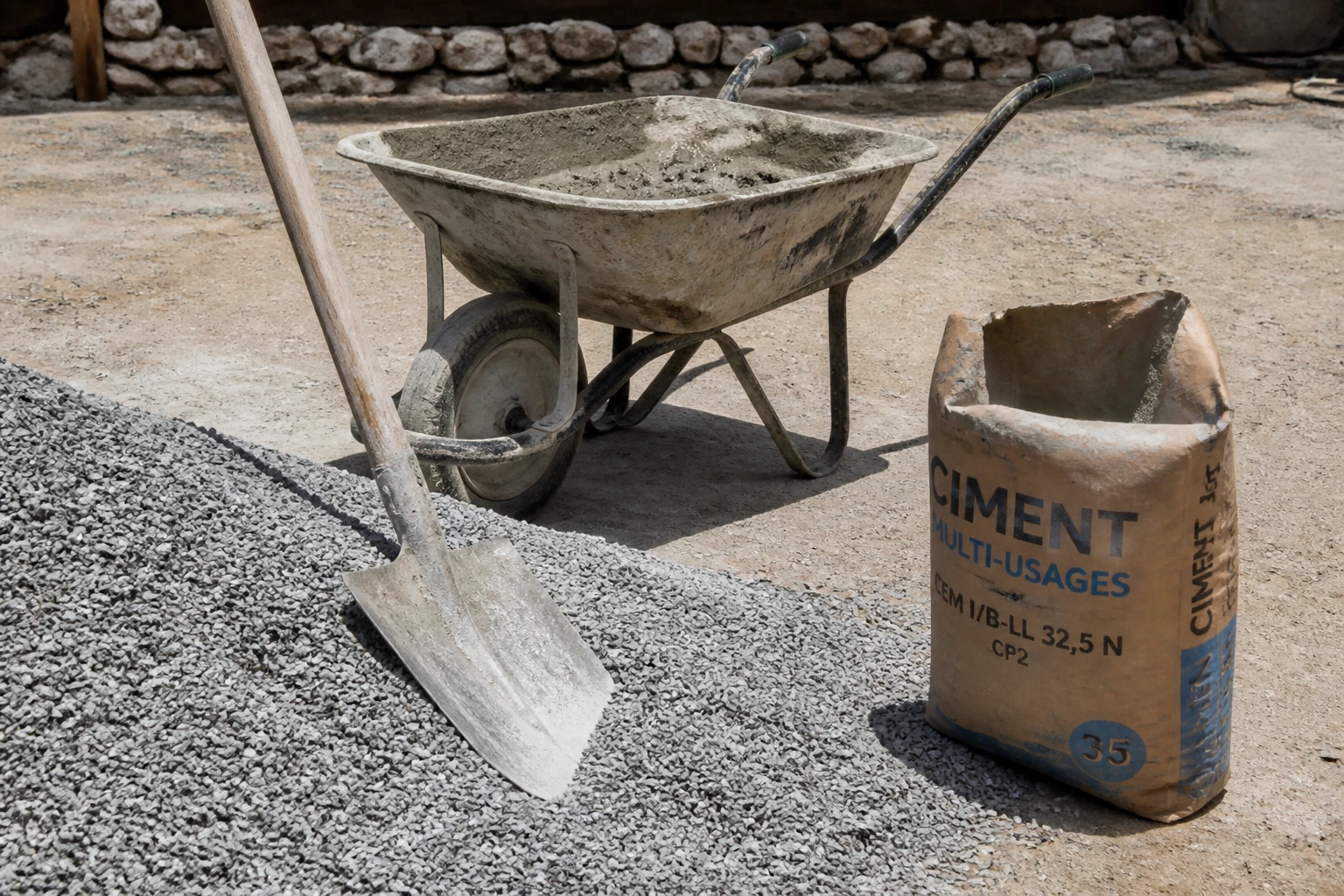 Pelle de maçon posée près d'un sac de ciment 35 kg ouvert sur un chantier de dosage béton