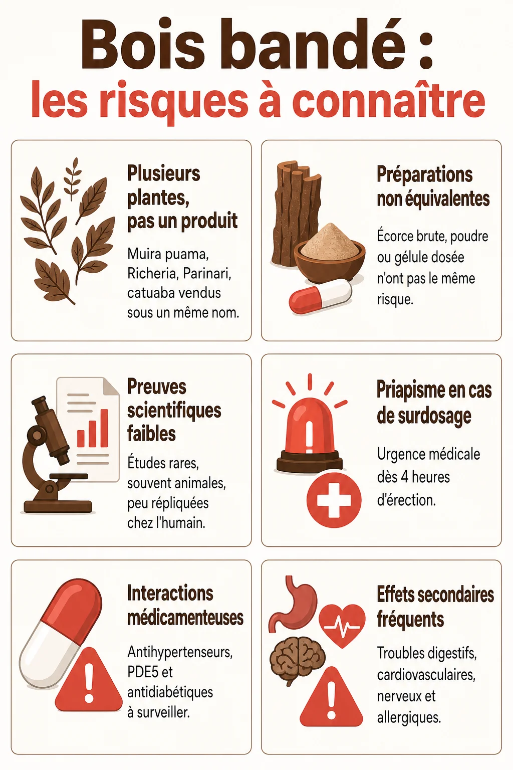 Bois bandé : les risques à connaître : Plusieurs plantes, pas un produit, Préparations non équivalentes, Preuves scientifiques faibles, Priapisme en cas de surdosage, Interactions médicamenteuses, Effets secondaires fréquents