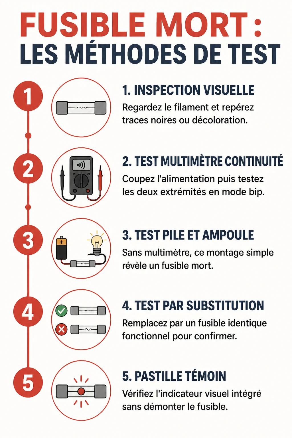 Fusible mort : les méthodes de test : 1. Inspection visuelle, 2. Test multimètre continuité, 3. Test pile et ampoule, 4. Test par substitution, 5. Pastille témoin