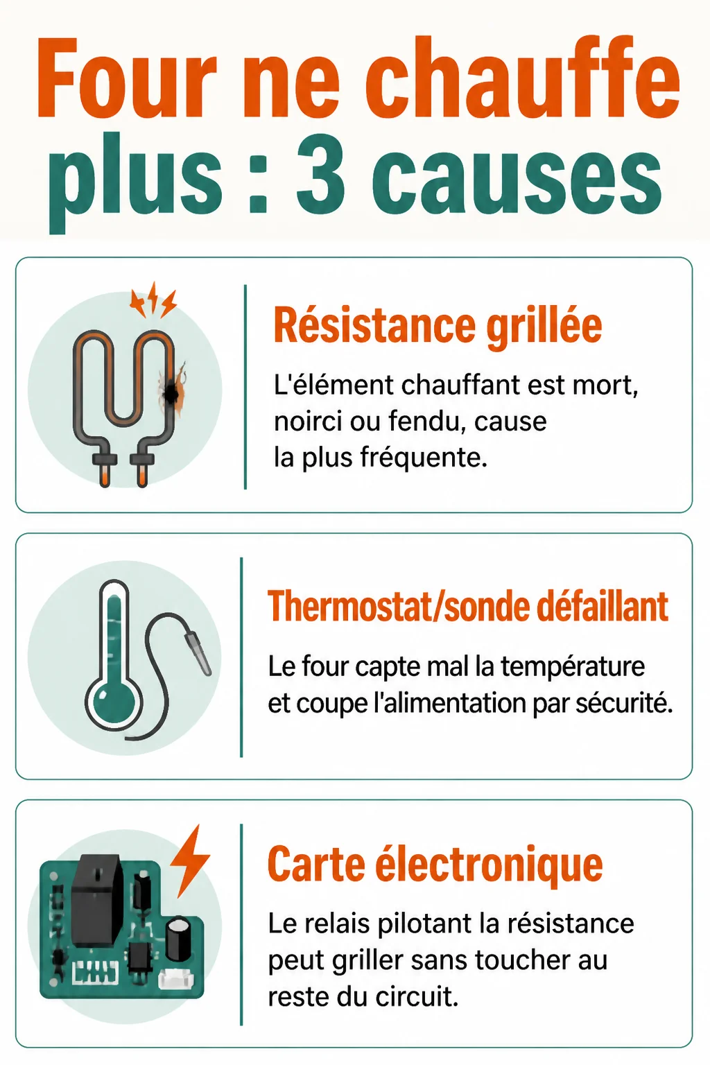 Four ne chauffe plus : 3 causes : Résistance grillée, Thermostat/sonde défaillant, Carte électronique