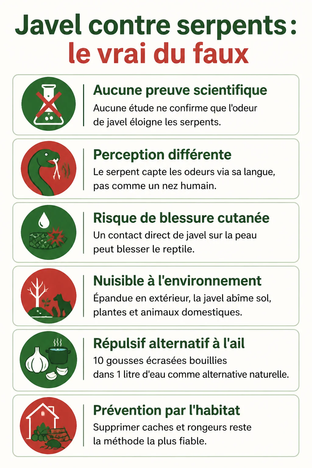 Javel contre serpents : le vrai du faux : Aucune preuve scientifique, Perception différente, Risque de blessure cutanée, Nuisible à l'environnement, Répulsif alternatif à l'ail, Prévention par l'habitat