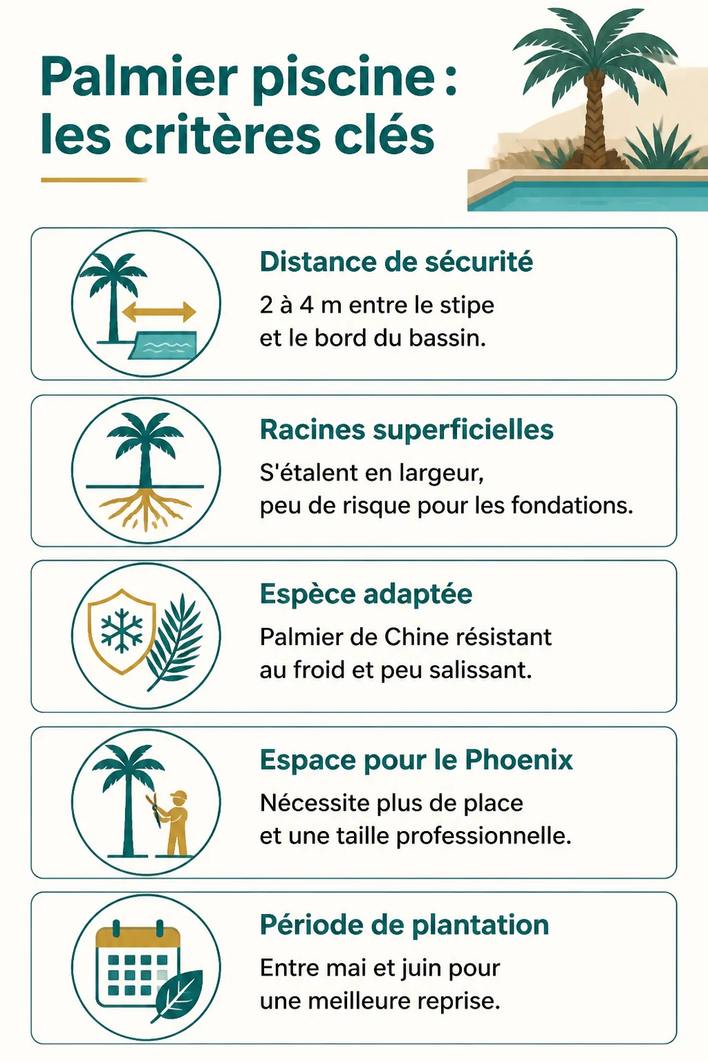 Palmier piscine : les critères clés : Distance de sécurité, Racines superficielles, Espèce adaptée, Espace pour le Phoenix, Période de plantation