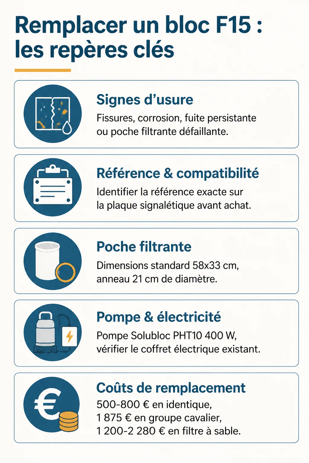 Remplacer un bloc F15 : les repères clés : Signes d'usure, Référence & compatibilité, Poche filtrante, Pompe & électricité, Coûts de remplacement