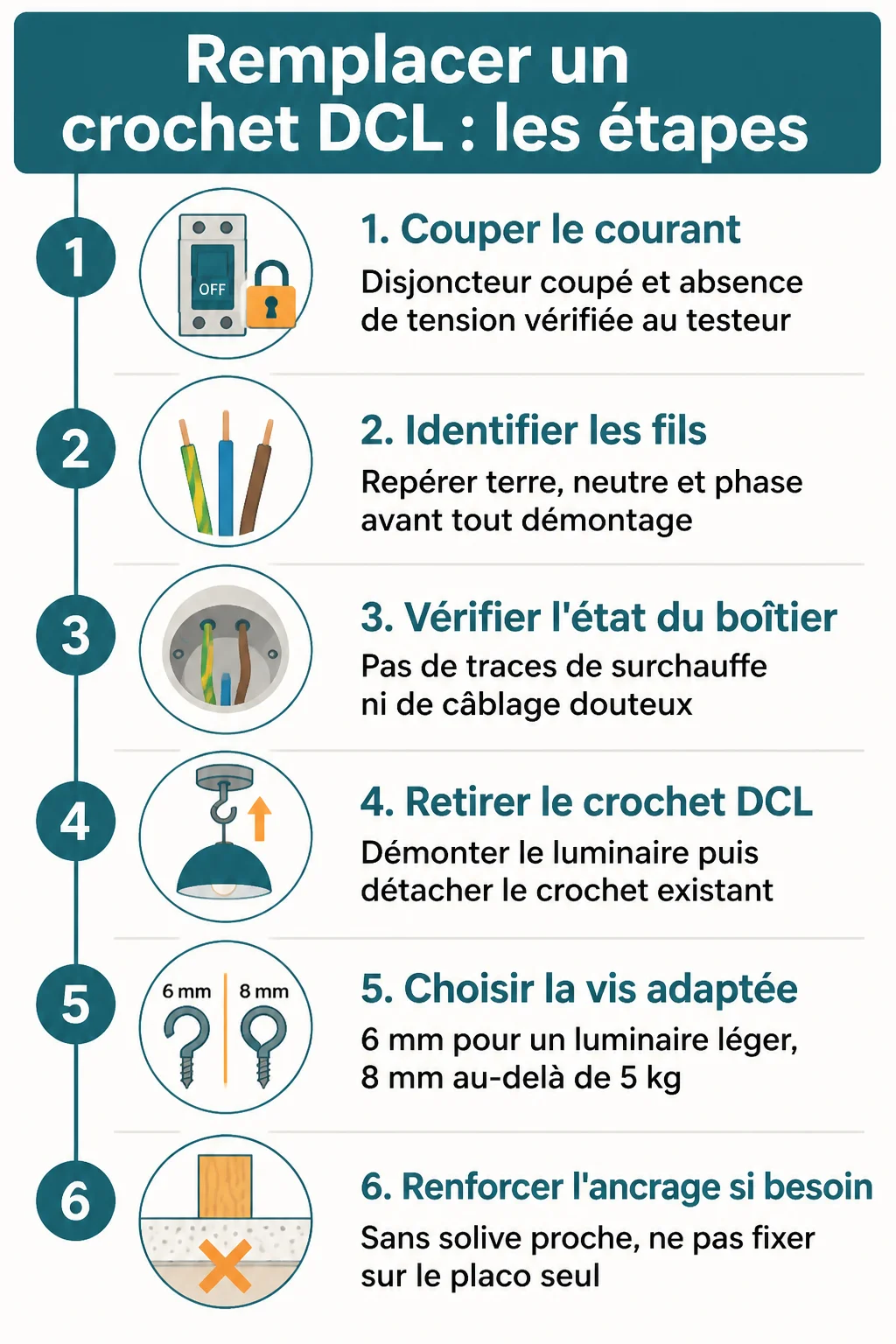 Remplacer un crochet DCL : les étapes : 1. Couper le courant, 2. Identifier les fils, 3. Vérifier l'état du boîtier, 4. Retirer le crochet DCL, 5. Choisir la vis adaptée, 6. Renforcer l'ancrage si besoin