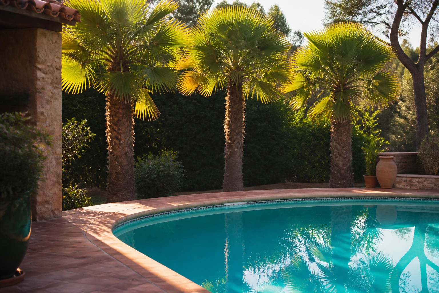 Palmiers de Chine plantés en bordure d'une piscine dans un jardin méditerranéen