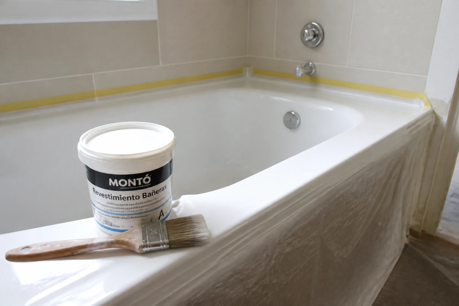 Baignoire en cours de peinture avec pinceau et pot de peinture bi-composant sur le rebord