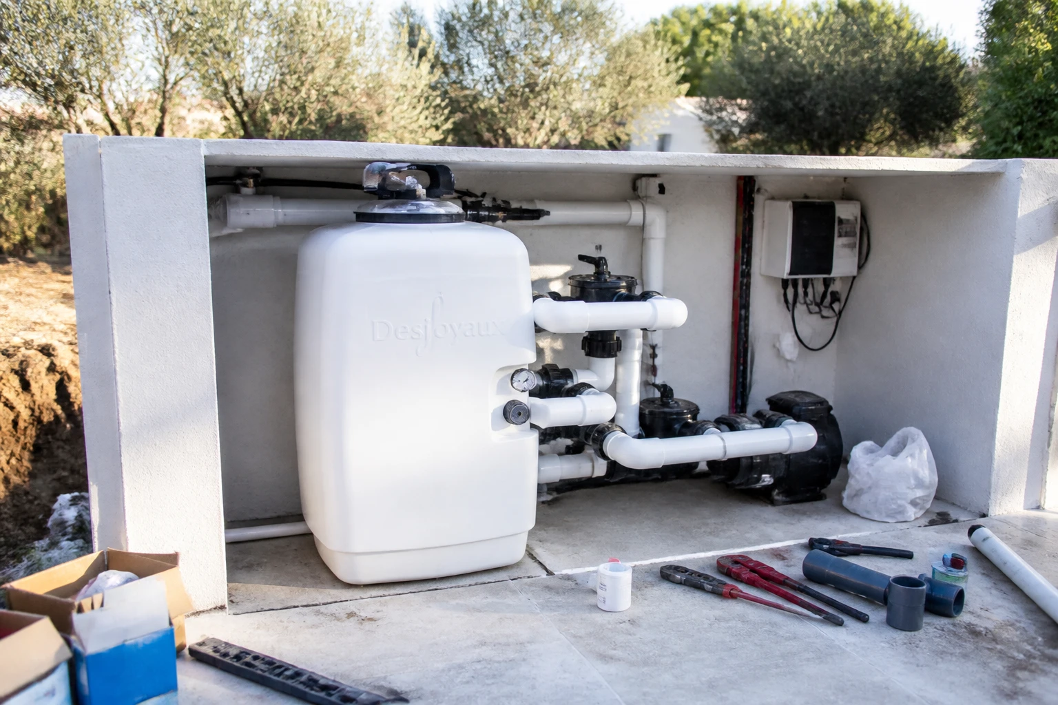 Bloc de filtration Desjoyaux F15 neuf raccordé dans un local technique de piscine