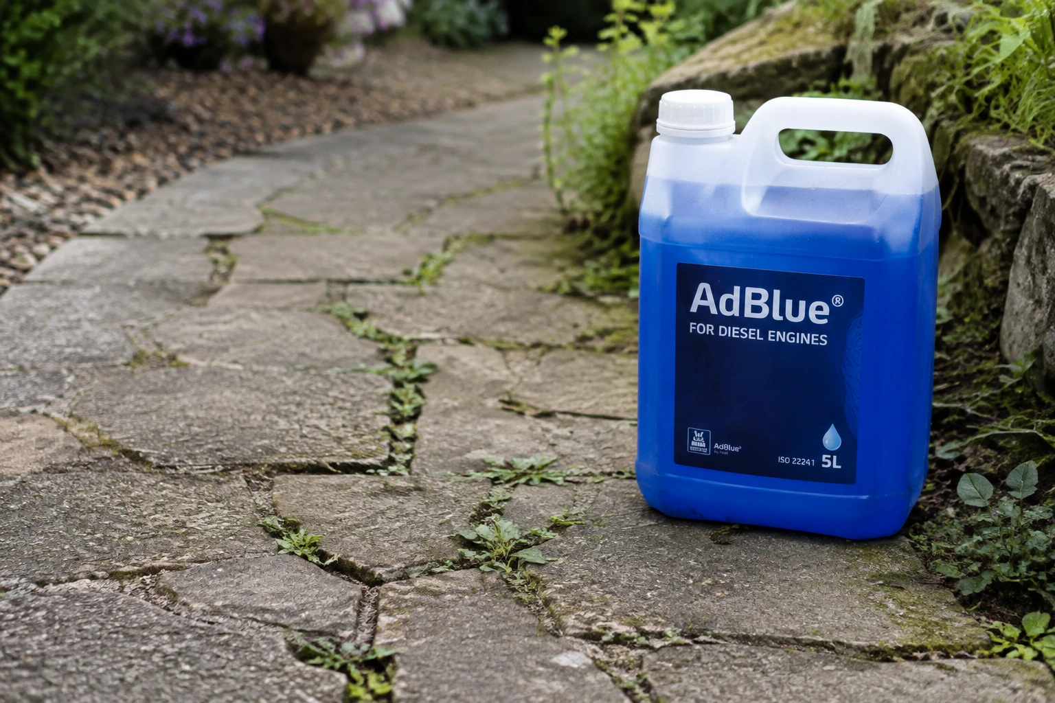Bidon d'AdBlue posé sur une allée pavée envahie de mauvaises herbes entre les joints