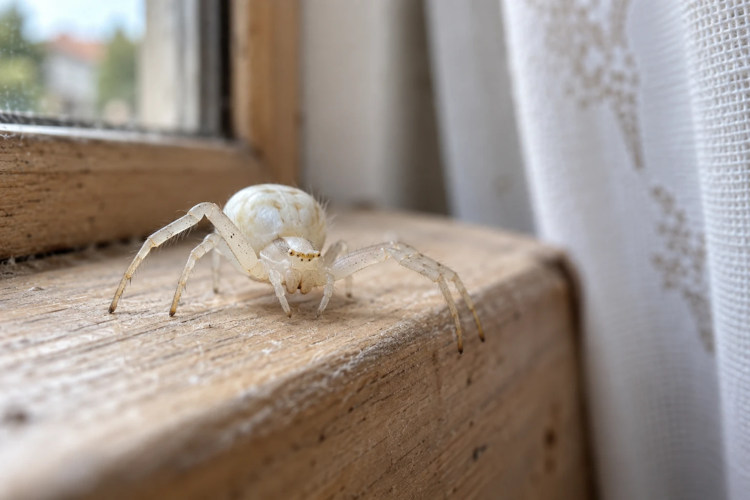 Araignée blanche posée sur un rebord de fenêtre en bois dans une maison, gros plan naturel