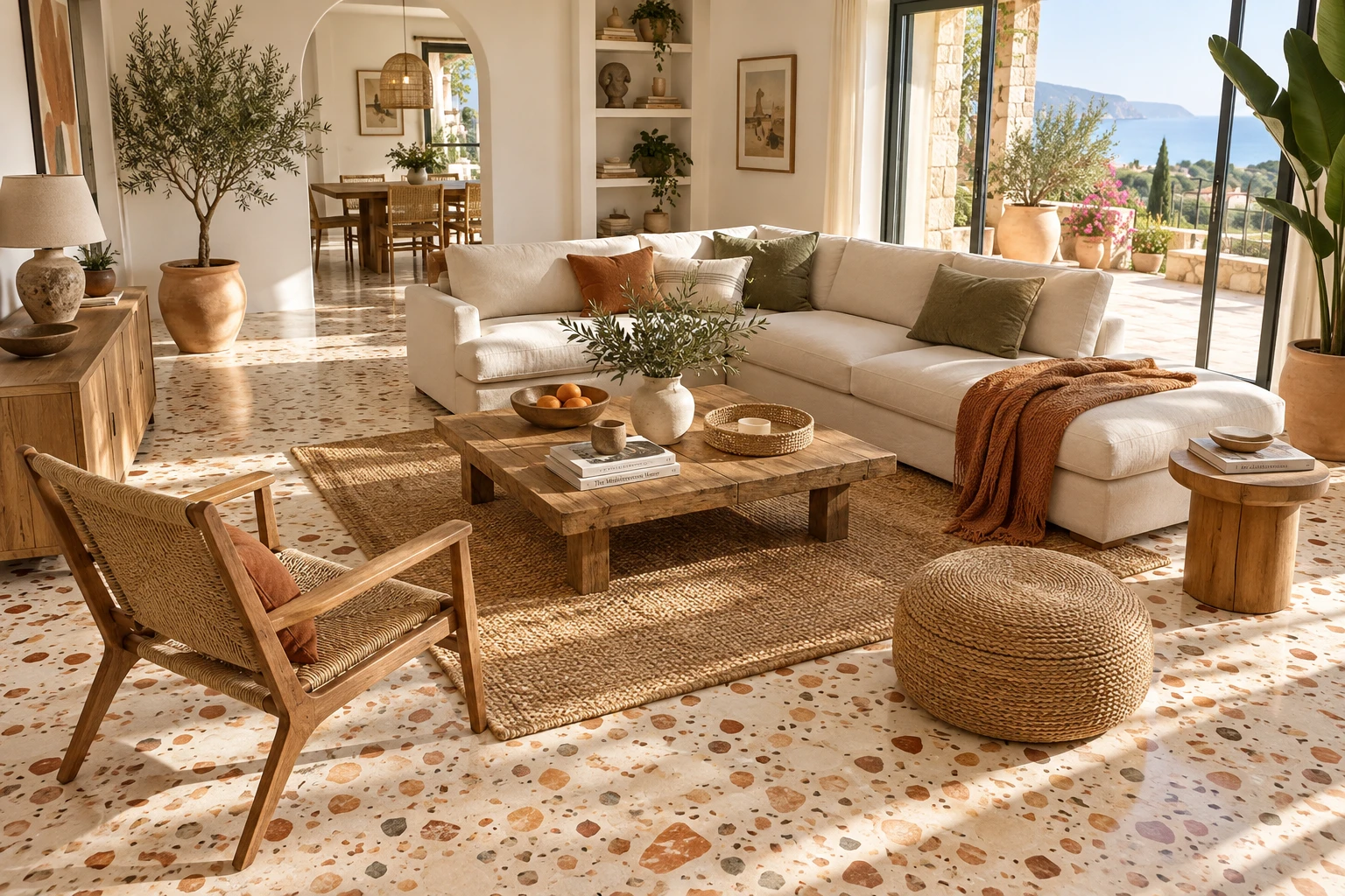 Sol en terrazzo véritable dans un salon lumineux avec éclats de marbre beige et terracotta