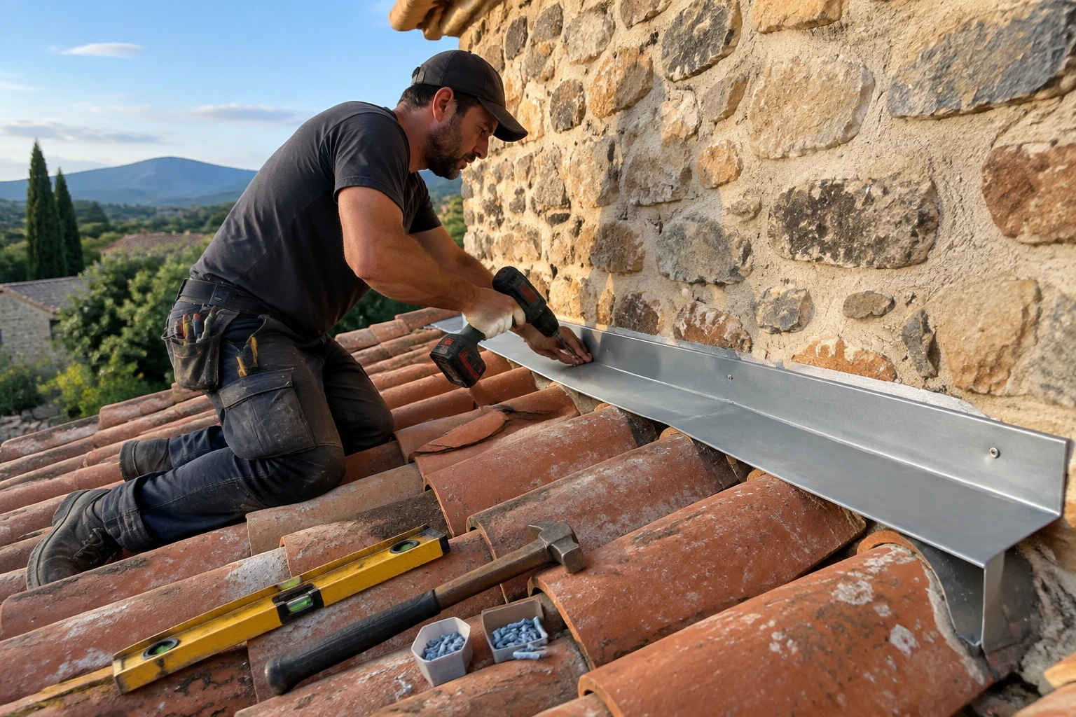 Pose d'une bande Trapco en aluminium sur un mur de maçonnerie au-dessus d'une toiture en tuiles