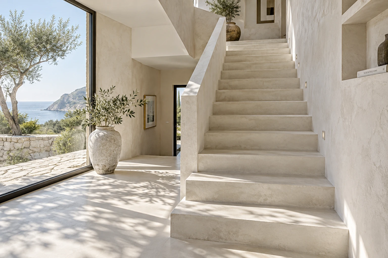 Escalier en béton blanc ciré éclairé par la lumière naturelle dans un intérieur épuré