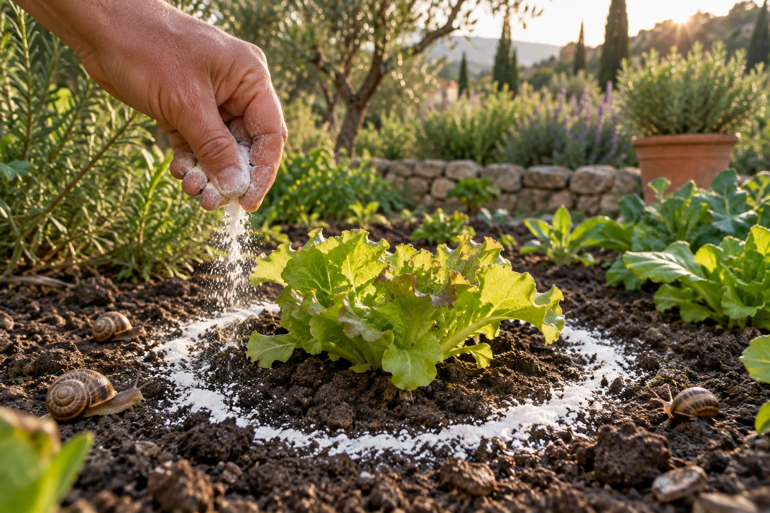 Main saupoudrant du bicarbonate de soude en cercle autour d'un plant de salade au jardin