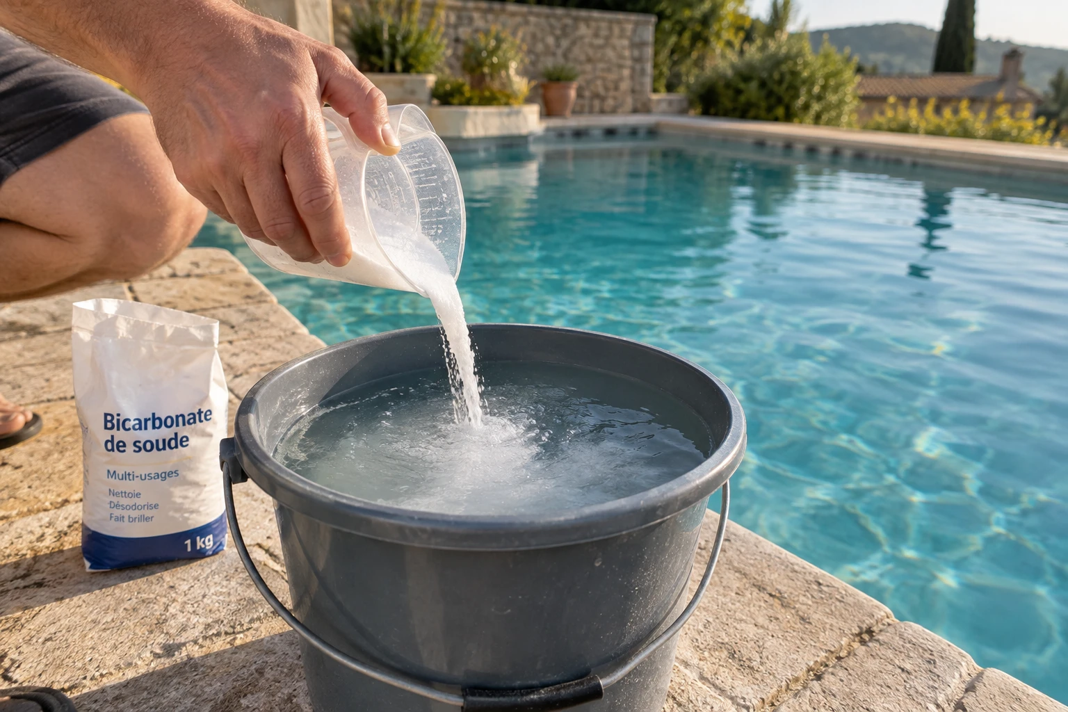 Dilution de bicarbonate de soude dans un seau au bord d'une piscine avant traitement de l'eau