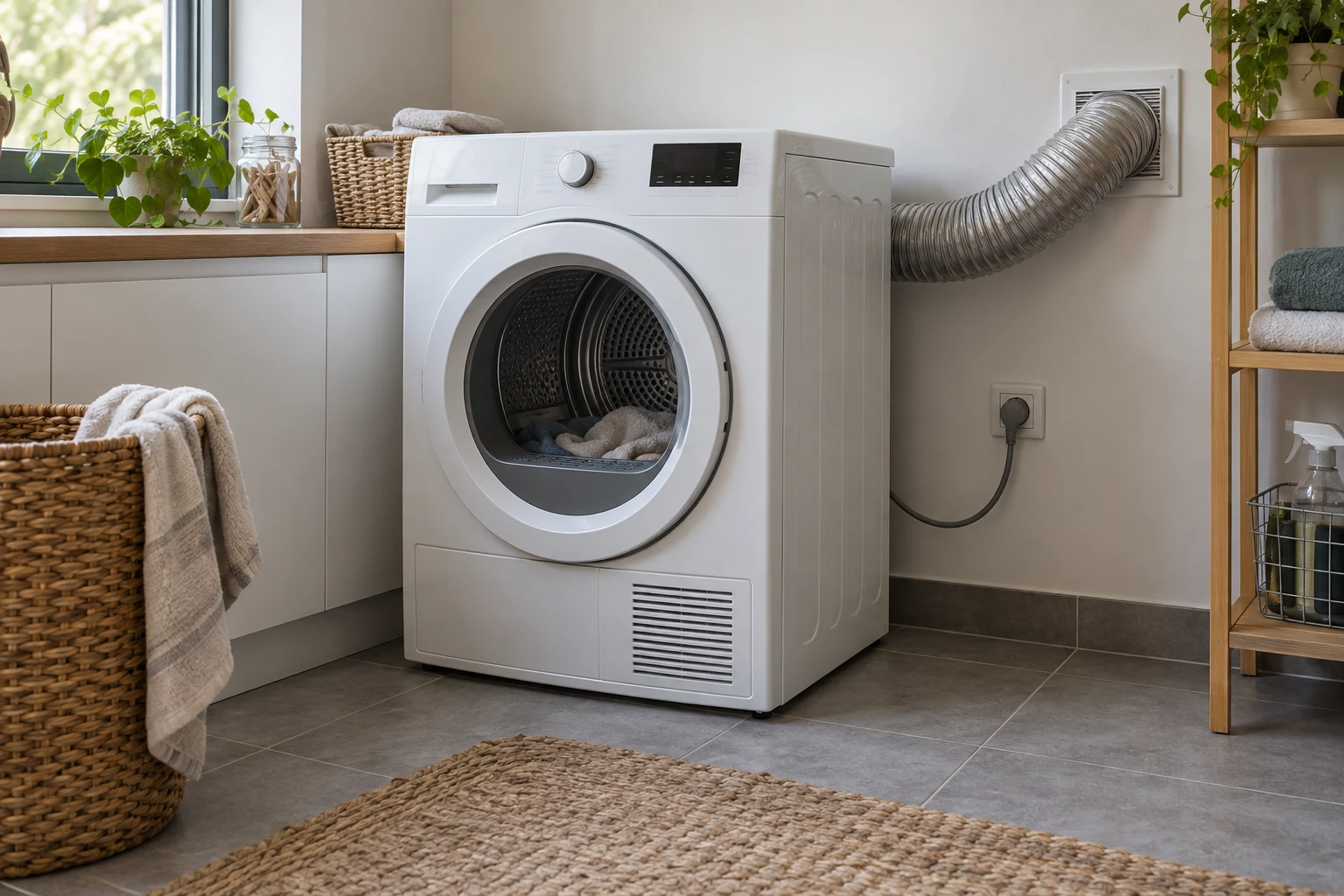Sèche-linge branché sur prise dédiée avec conduit d'évacuation d'air dans une buanderie