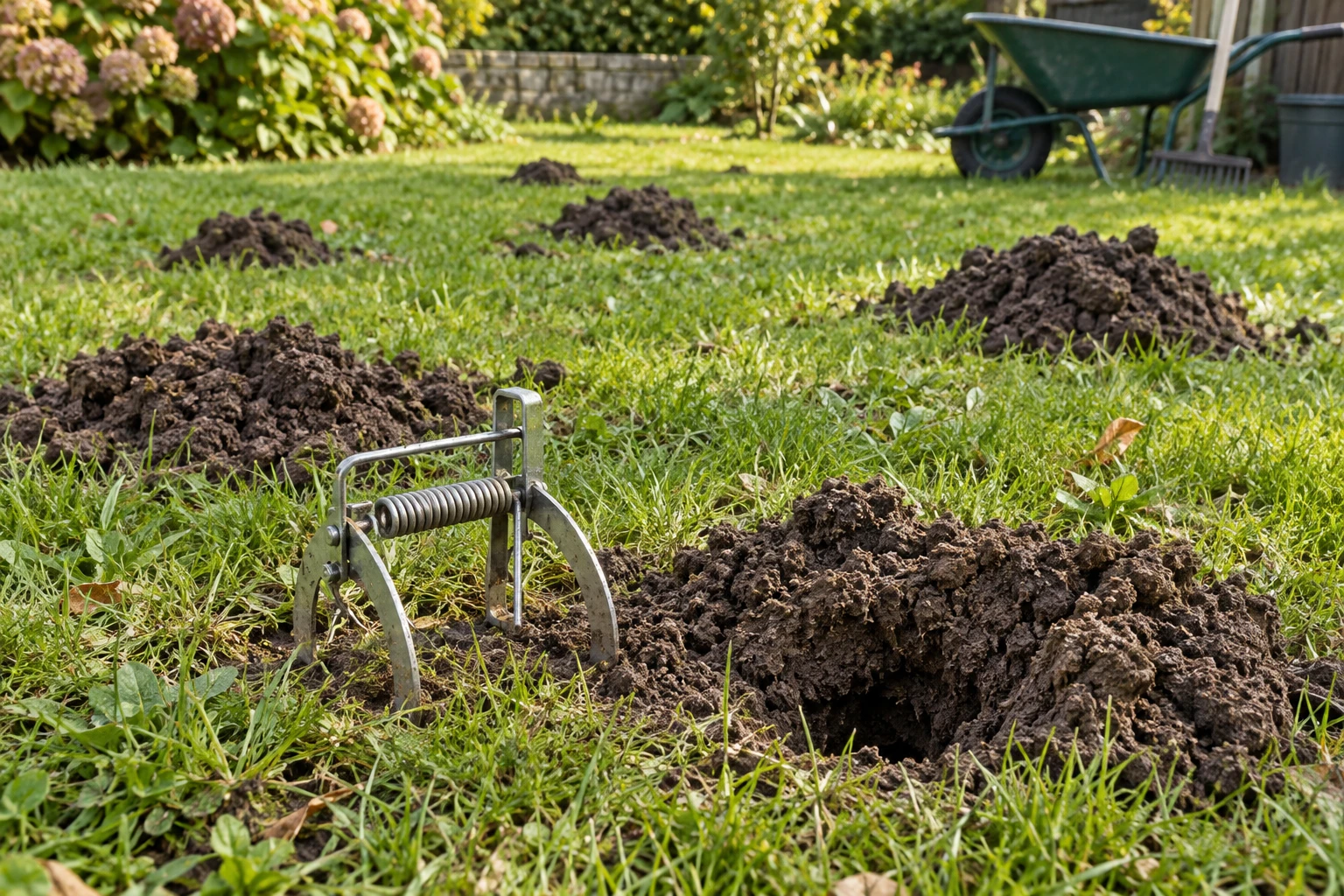 Piège canetaupe posé près d'une galerie de taupe dans un jardin