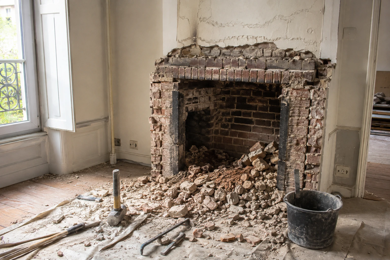 Cheminée en briques partiellement démolie dans un salon en travaux de rénovation