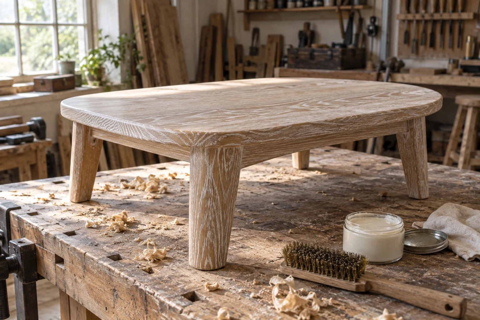 Table en chêne cérusée avec veines blanchies en cours de finition sur un établi d'atelier