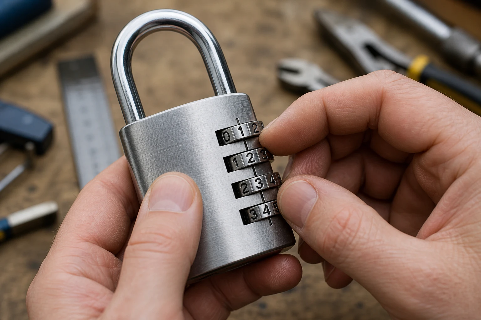 Main réglant les molettes d'un cadenas à code pour changer la combinaison