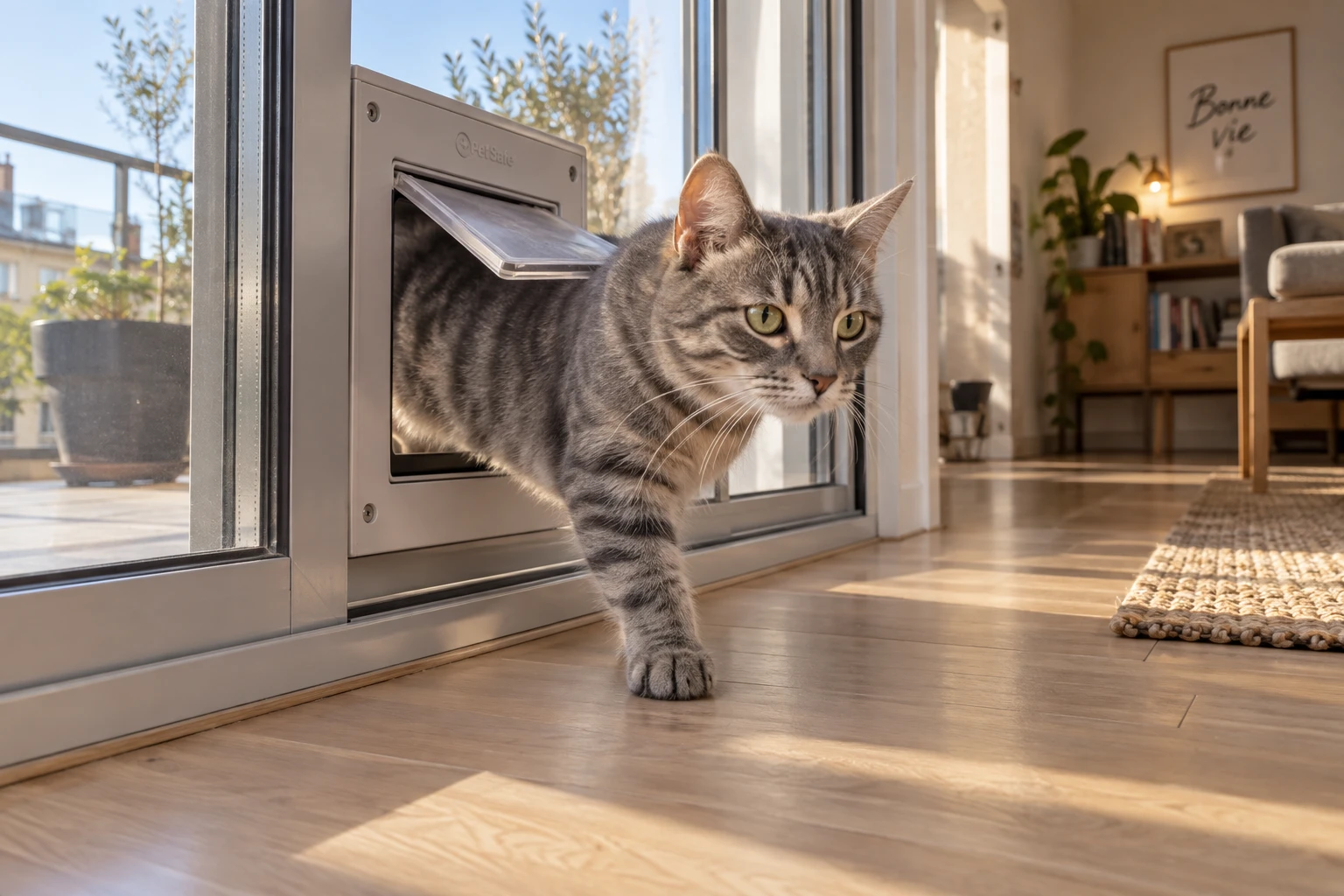 Chat passant par une chatière amovible installée sans perçage dans le rail d'une baie vitrée