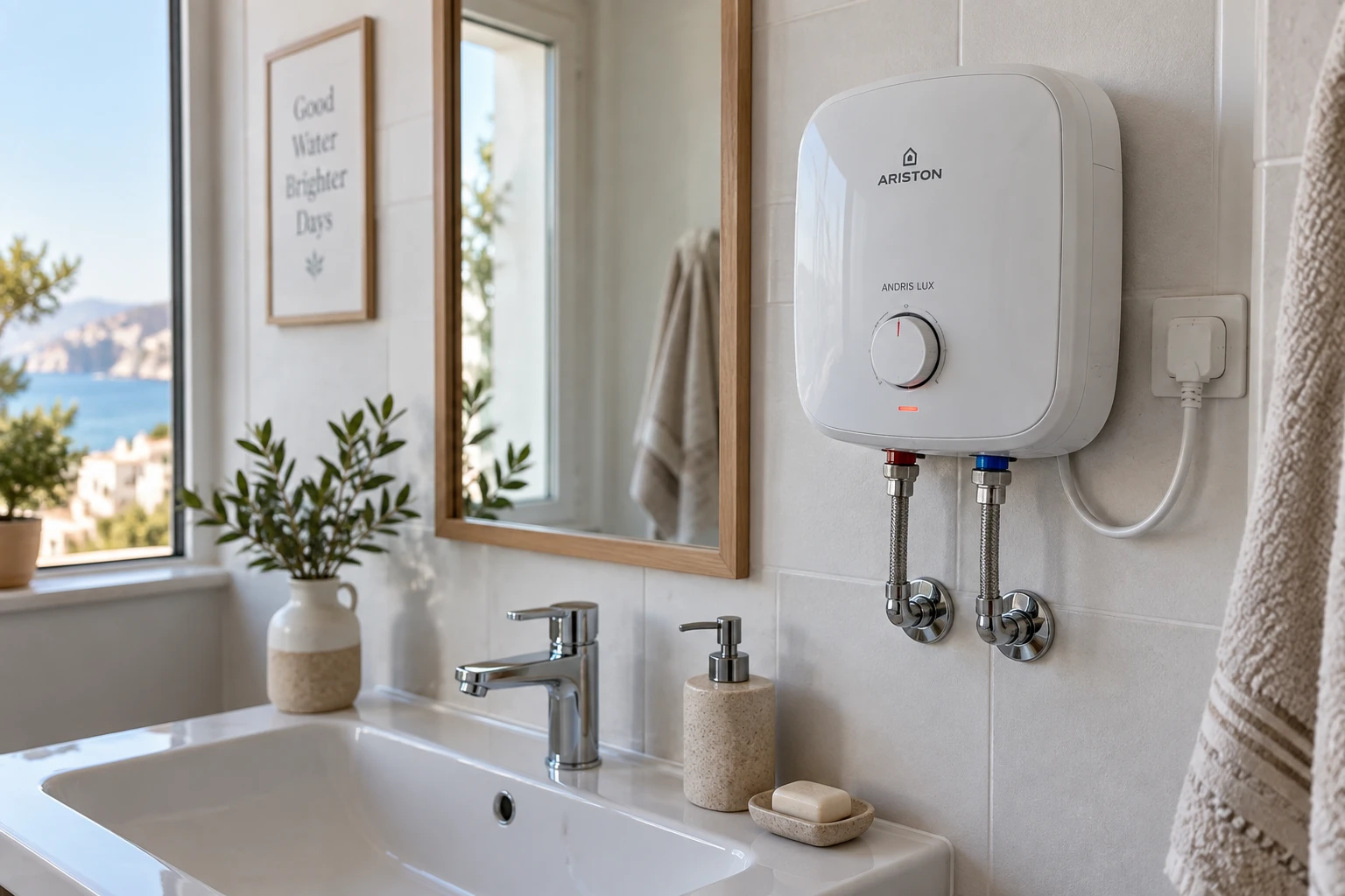 Chauffe-eau instantané électrique blanc installé au-dessus d'un lavabo dans une salle de bain moderne