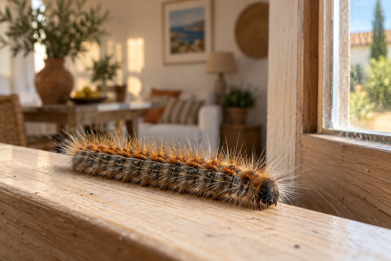 Chenille processionnaire aux poils urticants sur un rebord de fenêtre à l'intérieur d'une maison