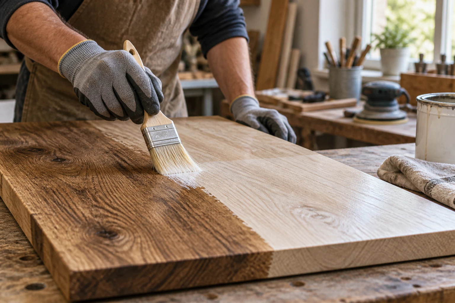 Application au pinceau d'un produit éclaircissant sur une planche de chêne en atelier