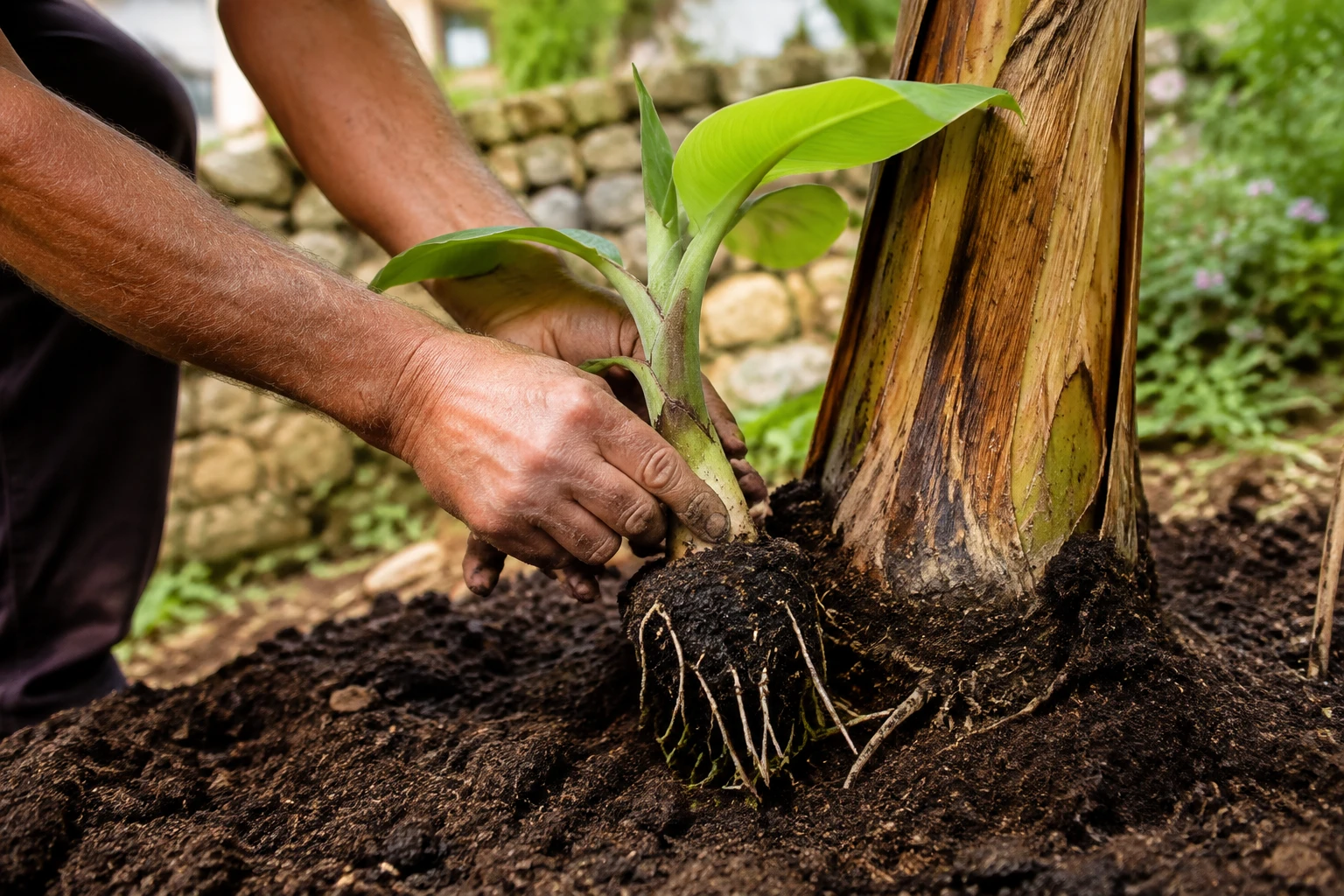 Mains d'une jardinière prélevant un rejet de bananier avec ses racines apparentes