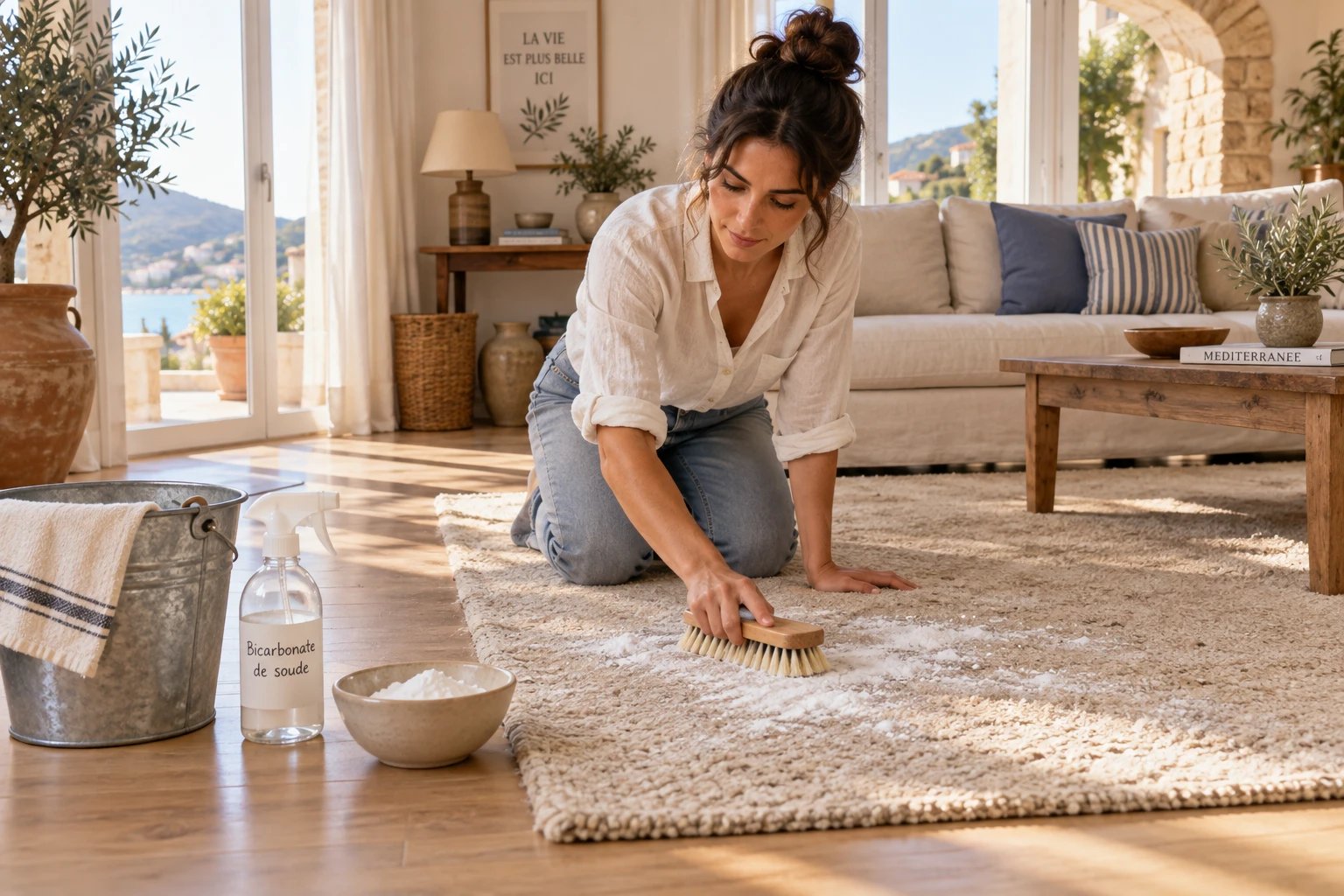 Nettoyage d'un tapis en laine beige au bicarbonate de soude dans un salon lumineux avec brosse et vaporisateur
