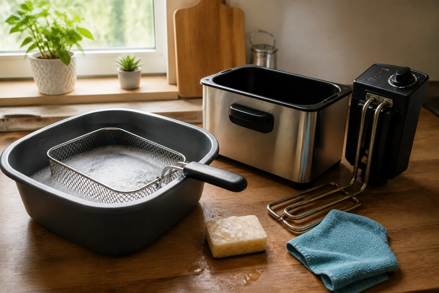 Friteuse démontée avec panier trempant dans l'eau savonneuse pour un nettoyage en profondeur