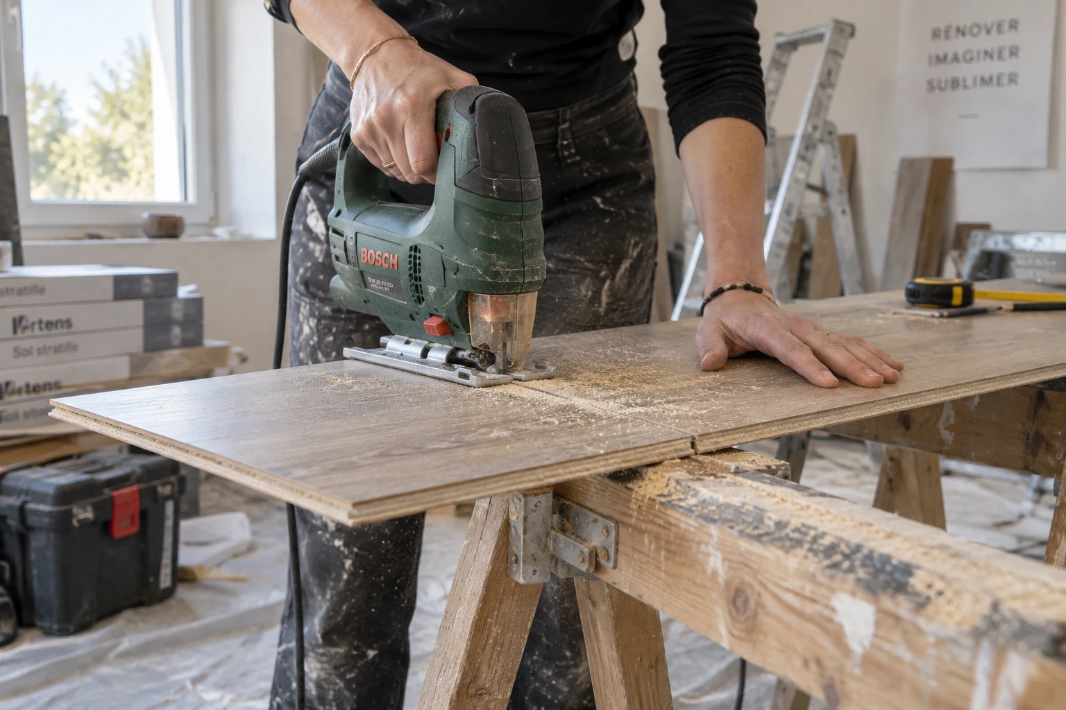 Scie sauteuse en train de découper une lame de parquet stratifié sur un chantier de rénovation
