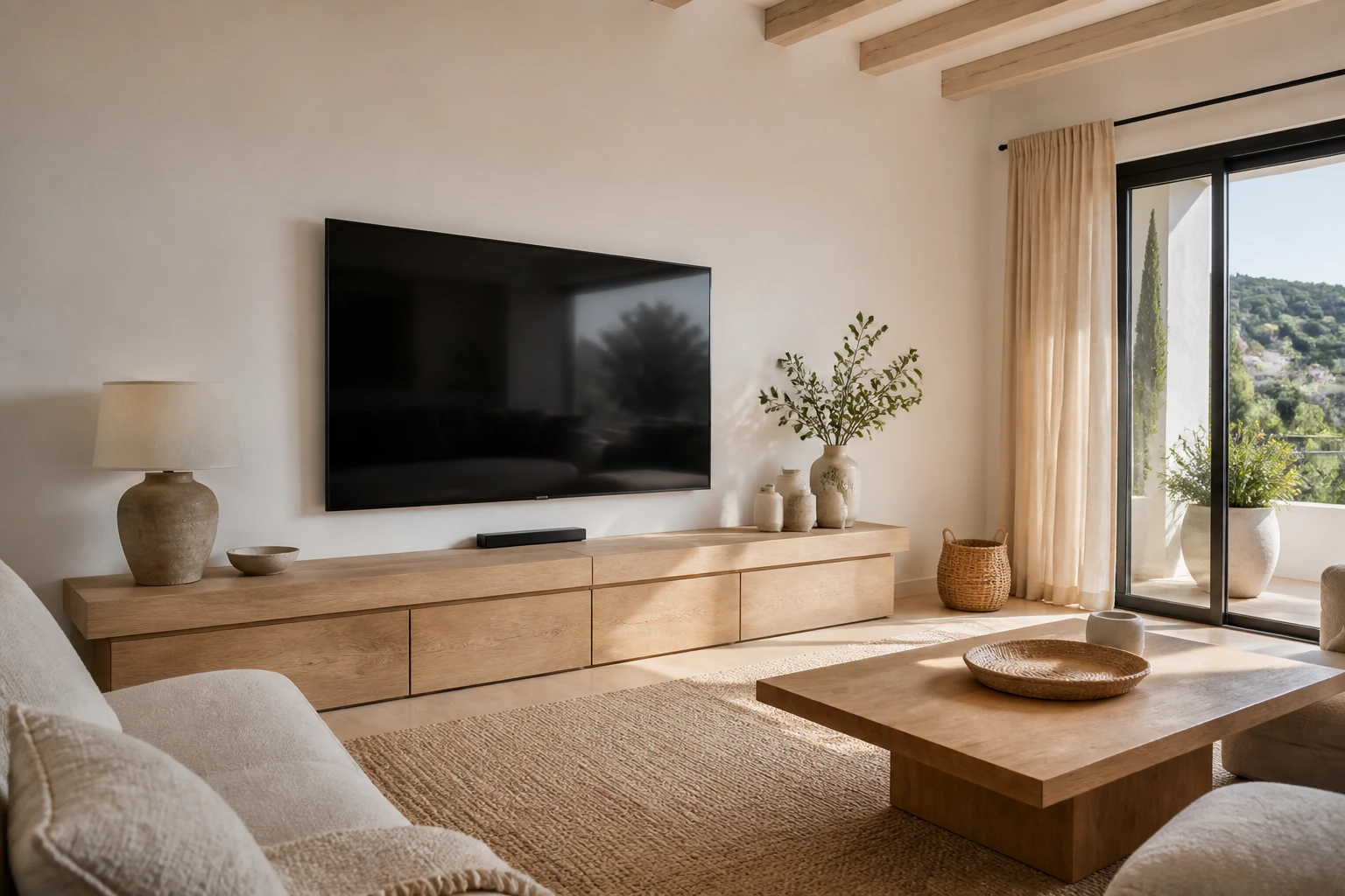 Télévision fixée au mur avec goulotte cache-câble peinte invisible sur mur blanc