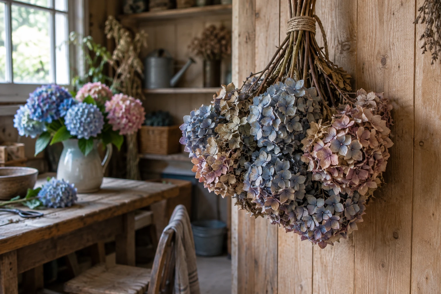 Bouquet d'hortensias séchés suspendu tête en bas dans un garage éclairé naturellement