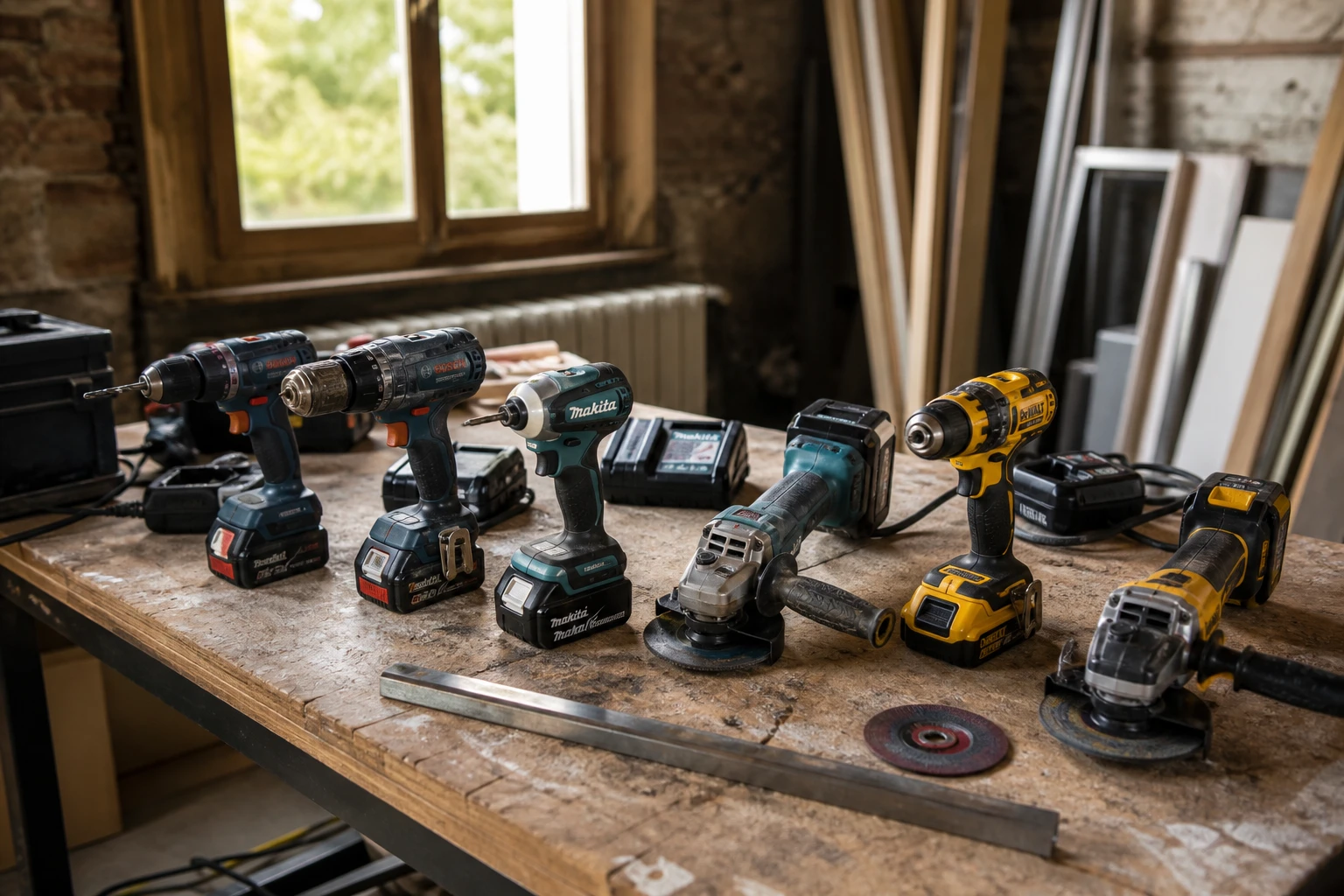 Établi d'atelier avec outillage électroportatif professionnel de plusieurs marques et leurs batteries