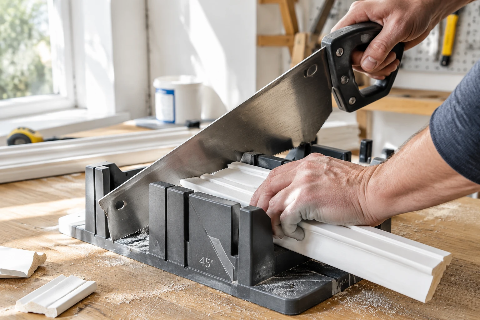 Coupe d'une plinthe en angle dans une boîte à onglet sur un établi de rénovation