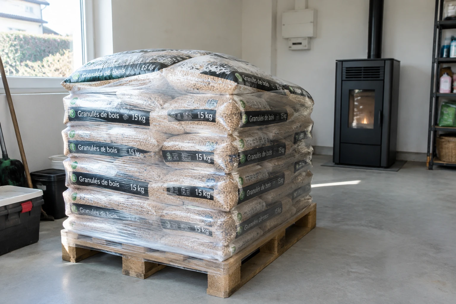 Sacs de pellets de 15 kg empilés sur une palette dans un garage sec