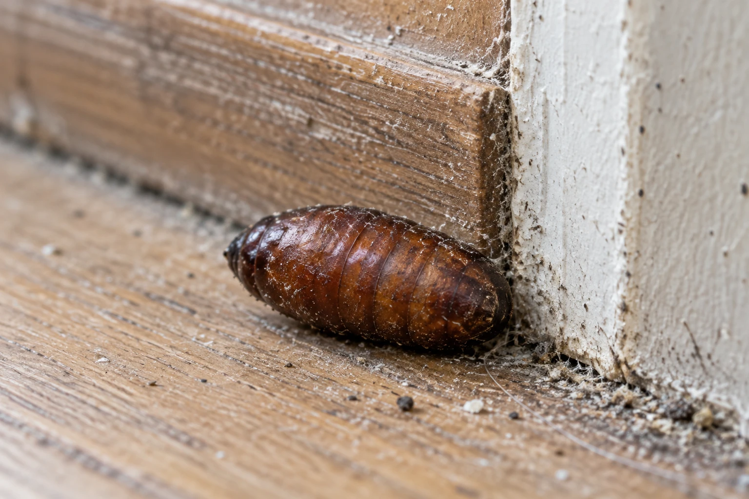 Pupe de mouche brune ovale posée sur une plinthe en bois dans une maison