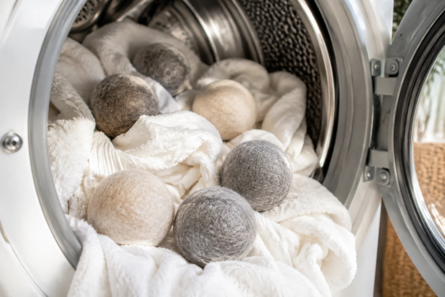 Balles de séchage en laine posées sur du linge blanc dans un sèche-linge ouvert