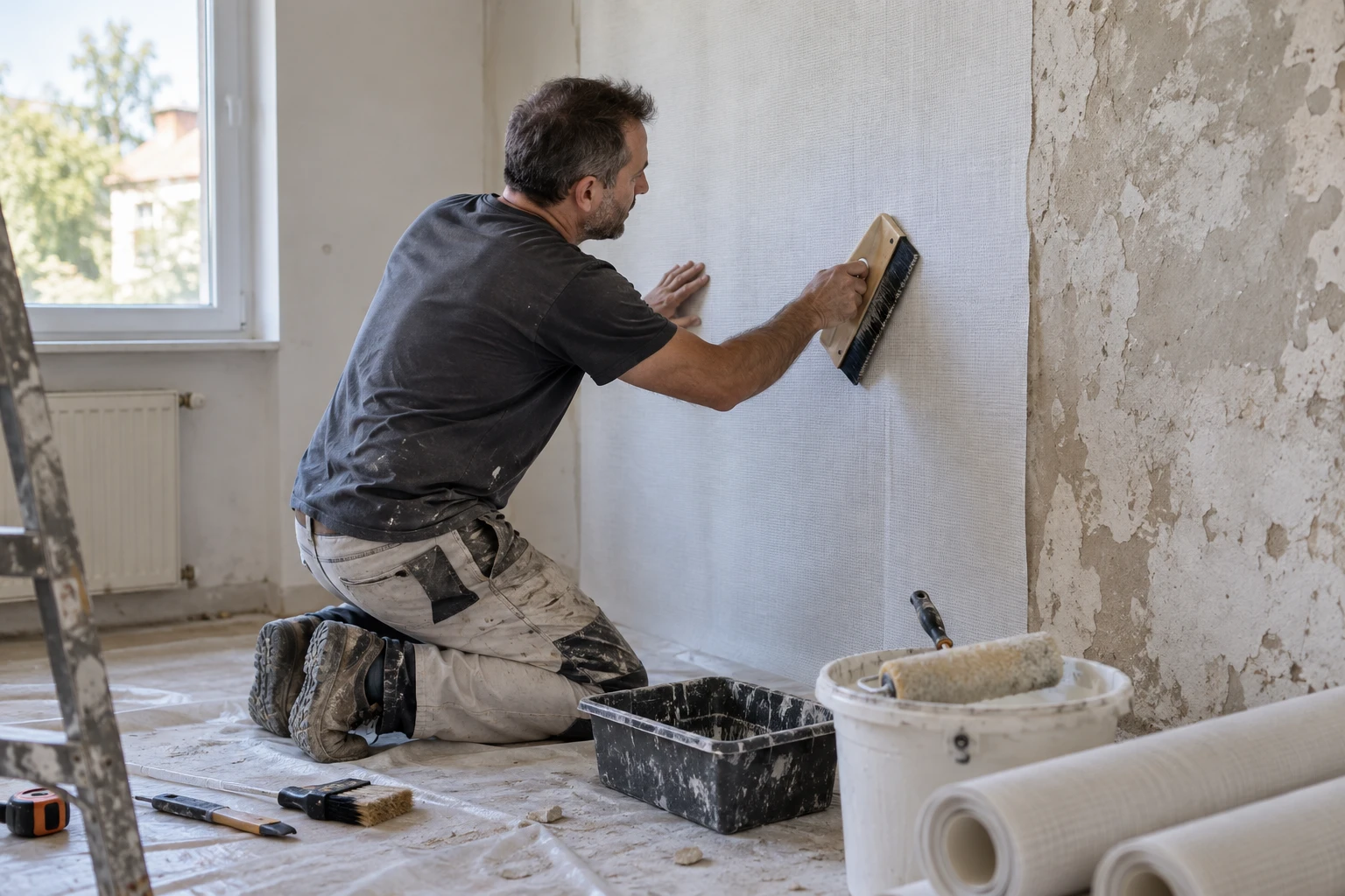 Pose d'une toile de verre sur un mur intérieur pendant une rénovation, marouflage à la spatule