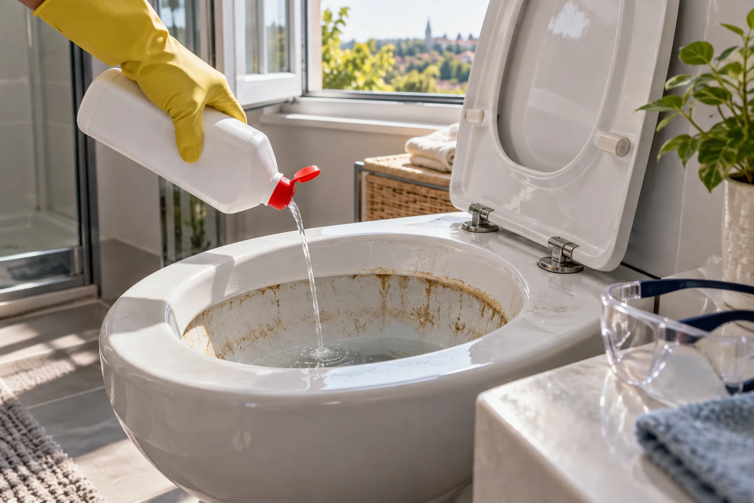 Main gantée versant un détartrant dans une cuvette de WC entartrée avec lunettes de protection