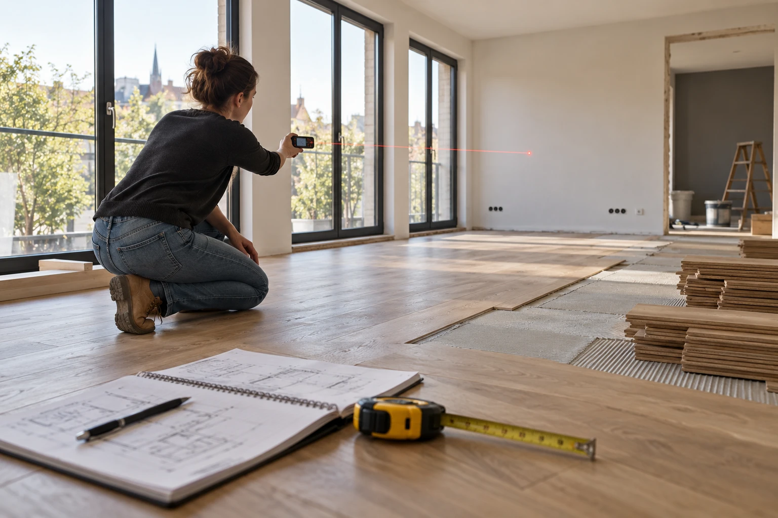 Mesure d'une pièce en rénovation avec un télémètre laser et un carnet de notes pour le calcul des m²