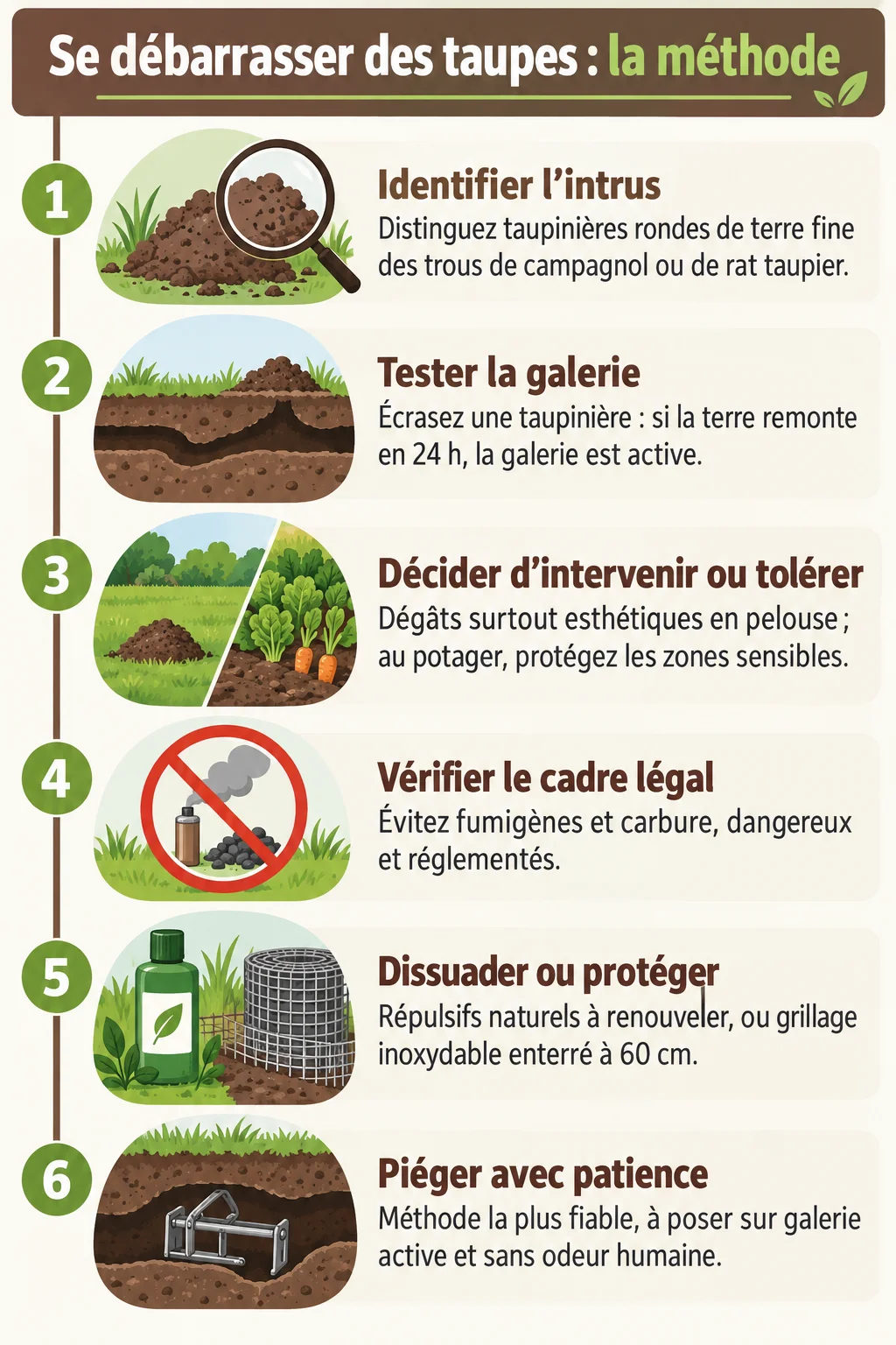 Se débarrasser des taupes : la méthode : 1. Identifier l'intrus, 2. Tester la galerie, 3. Décider d'intervenir ou tolérer, 4. Vérifier le cadre légal, 5. Dissuader ou protéger, 6. Piéger avec patience