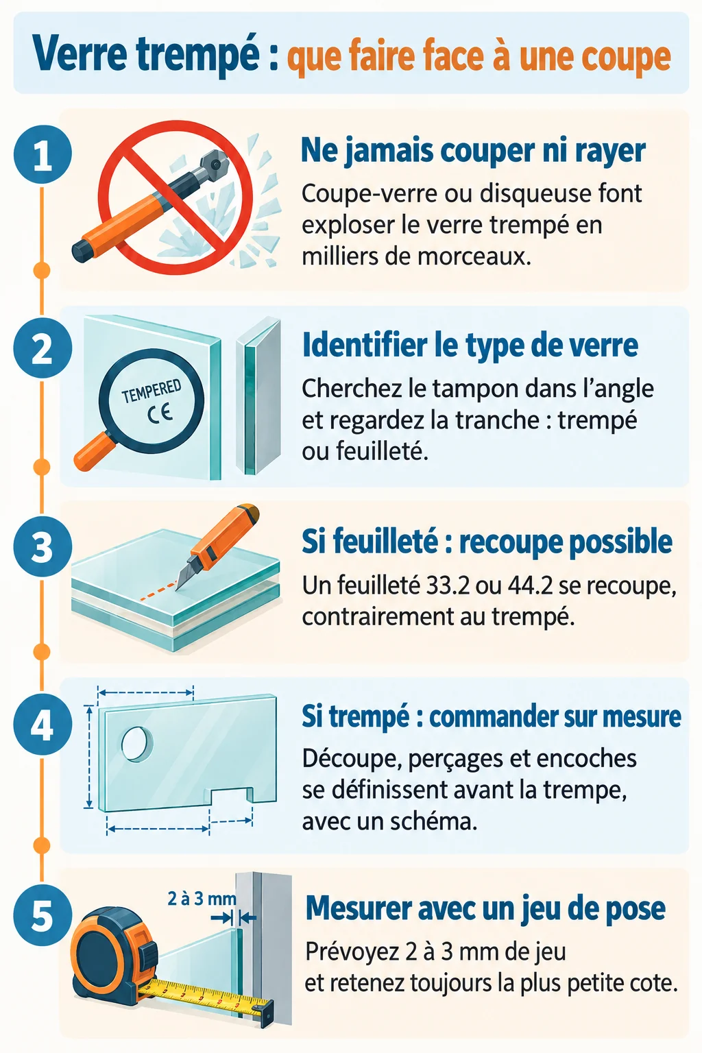 Verre trempé : que faire face à une coupe : 1. Ne jamais couper ni rayer, 2. Identifier le type de verre, 3. Si feuilleté : recoupe possible, 4. Si trempé : commander sur mesure, 5. Mesurer avec un jeu de pose