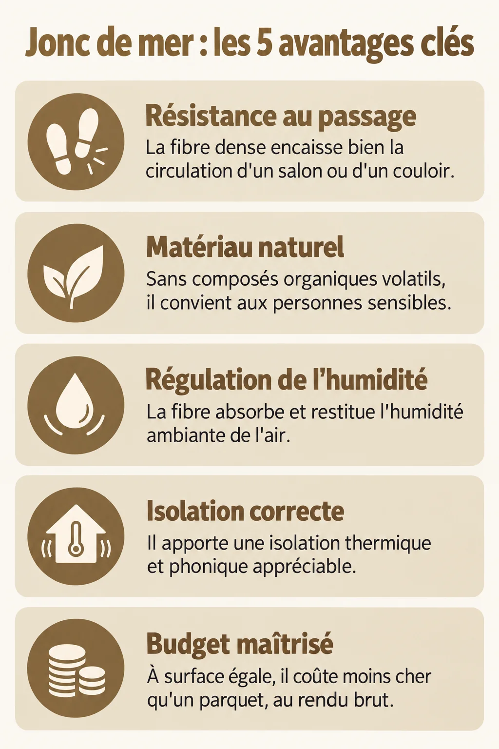 Jonc de mer : les 5 avantages clés : Résistance au passage, Matériau naturel, Régulation de l'humidité, Isolation correcte, Budget maîtrisé