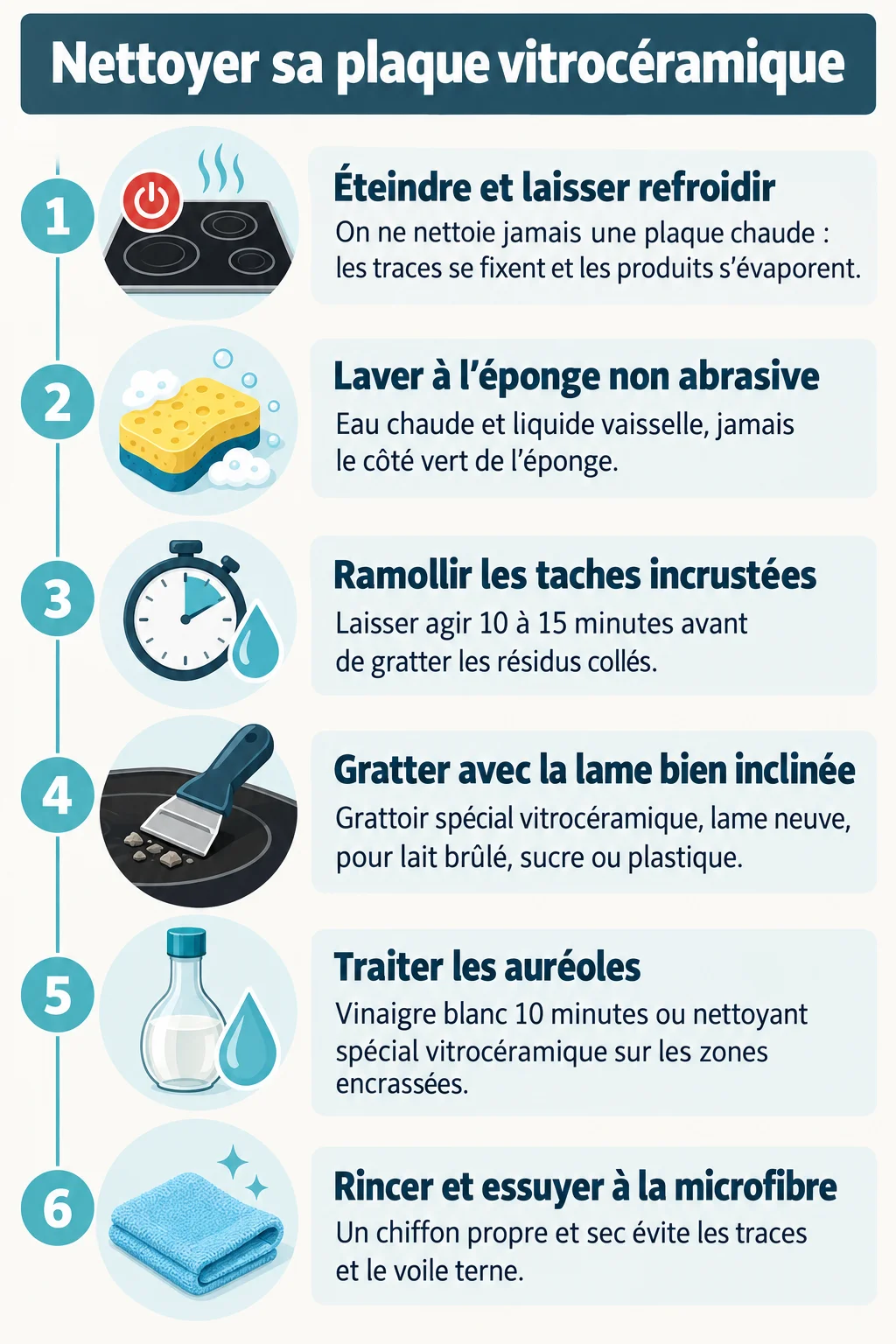Nettoyer sa plaque vitrocéramique : 1. Éteindre et laisser refroidir, 2. Laver à l'éponge non abrasive, 3. Ramollir les taches incrustées, 4. Gratter avec la lame bien inclinée, 5. Traiter les auréoles, 6. Rincer et essuyer à la microfibre