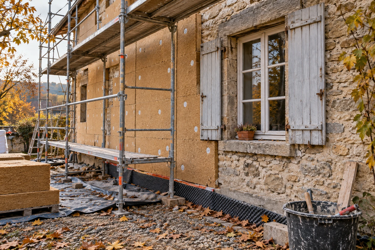 Façade en pierre en cours d'isolation par l'extérieur avec panneaux de fibre de bois et échafaudage
