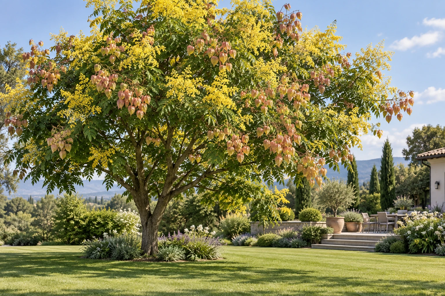 Savonnier en fleurs jaunes planté à distance d'une terrasse dans un grand jardin